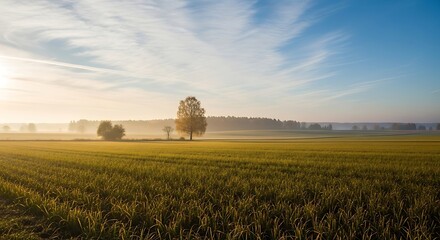 Fototapeta premium Tranquil landscape of a field with trees and misty sky at sunrise