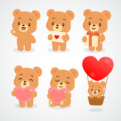 collection teddy bear character love heart gift letter illustration design