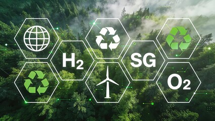 Aerial view of lush green forest with mist, overlaid with white and green eco-themed icons in hexagonal frames showing globe, recycling, H2, ESG, wind turbine and CO2 symbols in a futuristic sustainab