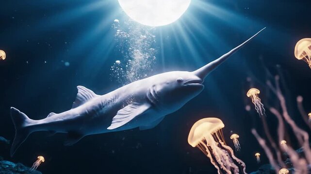 Narwhal swimming with jellyfish underwater.