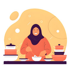 Muslim woman in hijab cooking traditional food for Ramadan Iftar or Eid