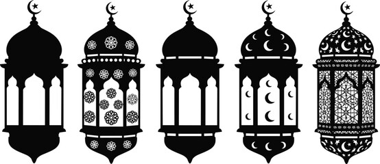 Islamic Ramadan lantern silhouettes, traditional Arabic fanous set illustration, crescent moon decor, black and white vector, religious festival design, ornament collection © MstMaher
