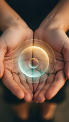 Close-up of human hands gently holding abstract glowing cells on a dark background for a biological innovation concept and future health