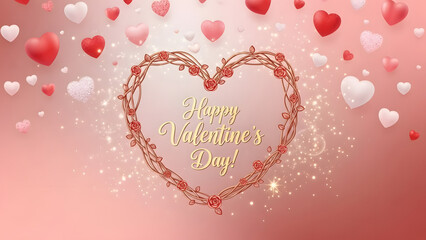 Valentine's Day greeting text in a rose vine heart frame, surrounded by floating red, pink, and white hearts with sparkling bokeh on a soft gradient for romantic celebration concept.