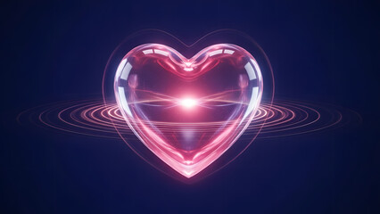 Abstract glowing glass heart radiating energy with digital light rings on a dark background for modern technology concept and health innovation