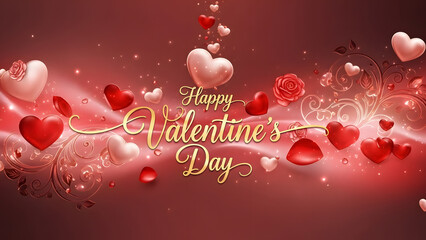 Happy Valentine's Day text with glowing red and pink hearts, roses, and ornamental swirls on a gradient red background for romantic celebration concept and love