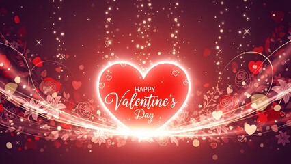 Glowing red heart with "Happy Valentine's Day" text on a festive sparkling floral background for romance concept and holiday celebration