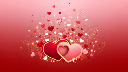 Two elegant hearts with golden outlines sparkling on a red and pink gradient background for romantic love concept and festive celebration