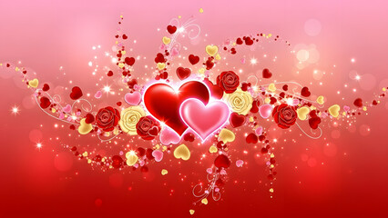 Glowing red and pink hearts with elegant roses and sparkling glitter on a gradient background for romance concept and festive celebration