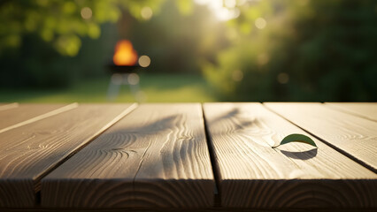Rustic wooden table surface with a single leaf, bathed in golden hour sunlight and blurred barbecue fire in background for a summer outdoor dining concept and natural backyard setting