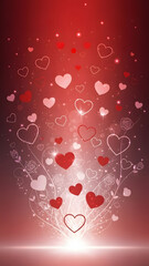 Red and pink hearts with glowing light and elegant floral swirls rising on a gradient background for romance and celebration concept