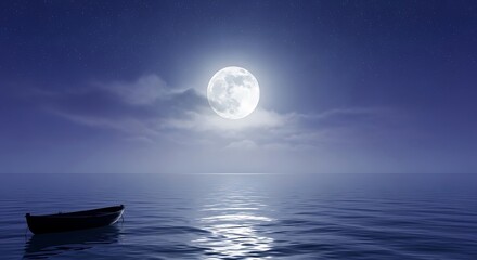 Tranquil night scene boat on calm water with full moon above