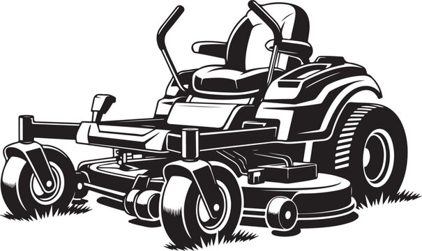 Riding lawn mower tractor monochrome vector illustration for landscaping gardening and professional lawn care maintenance services
