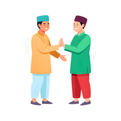 Two Muslim men in traditional baju koko shaking hands for Eid celebration