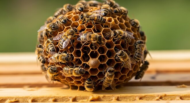 Busy bees on honeycomb frame section.