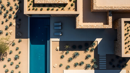 Aerial view showcasing Desert Modernism Luxury architecture and a serene swimming pool surrounded by arid landscaping and warm sunlight.