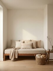 Fototapeta premium Cozy neutral daybed with cushion and basket in minimalist living room