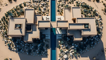 An aerial drone view captures a stunning architectural masterpiece with a long swimming pool, set amidst a rugged, arid landscape.