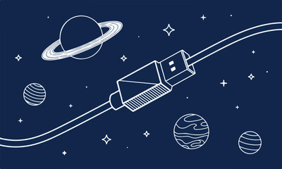 Vector illustration of space with planets, stars, and a usb cable connector in a simple line art style on dark blue background