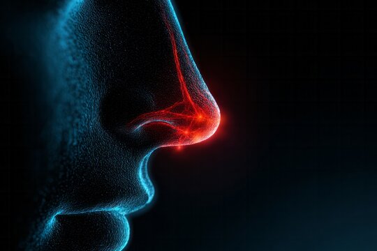 Close-up digital illustration of a nose with glowing red sensory pathways.