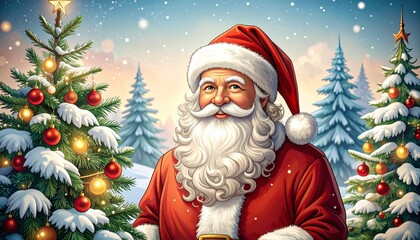 Santa Claus Portrait Amidst Snowy Christmas Trees.