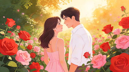 Romantic young couple sharing a sweet moment in a blooming rose garden on Valentine's Day