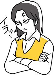 腕を組んで斜め上を睨みつける女性