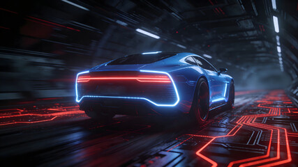 Autonomous car driving through a futuristic cyber tunnel