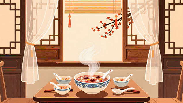 Laba porridge breakfast by the window in a Chinese room