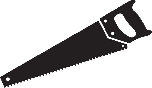 Hand saw silhouette, woodworking tool, carpentry equipment, DIY, construction, repair, metal blade, wooden handle, black