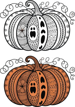 Intricate patterned halloween pumpkin illustration ready for coloring book detailed zentangle art seasonal autumn harvest decoration
