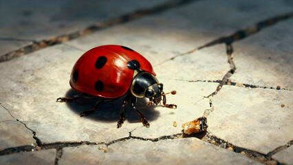 ladybug near small food under light and broken concrete