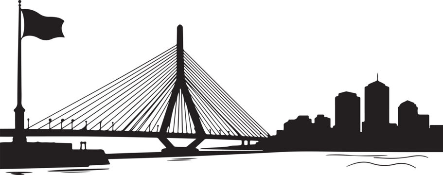 Boston skyline silhouette with Zakim bridge and flag on a transparent background, flat vector illustration of city view