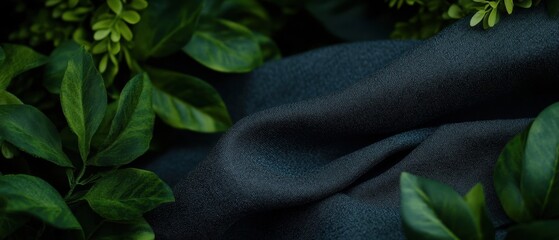 Dark fabric draped amongst lush greenery.
