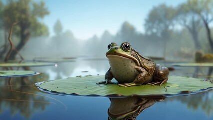 Frog on a lily pad in a misty morning landscape