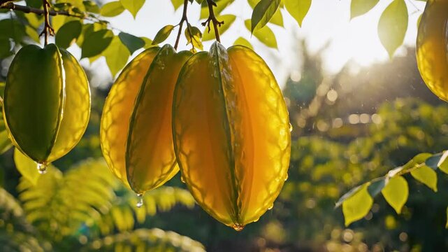 Ripe starfruit hanging on a tree branch bathed in warm, golden sunlight, showcasing nature's bounty