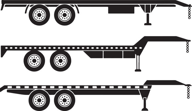 Set of silhouettes of semi trailers with chassis and landing gear in black isolated on checkered background