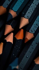 Close-up view of colorful pencils with water droplets.