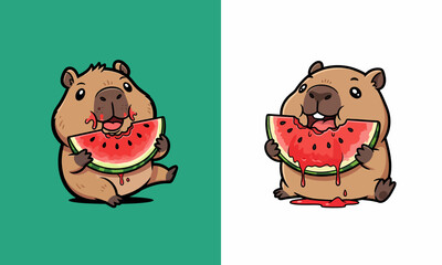 Cartoon Capybara Eating Watermelon Slice 