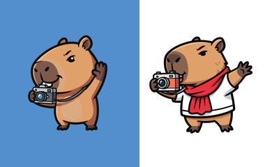 Cartoon Capybara Holding Camera and Waving 
