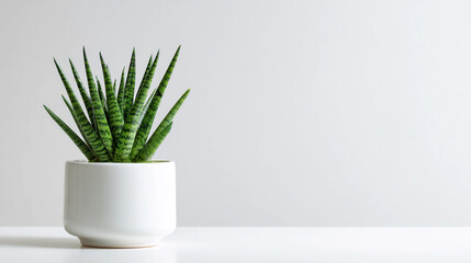 Snake plant in white pot on table against light background