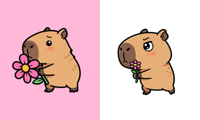 Cartoon Capybara Holding Flowers in Mouth 