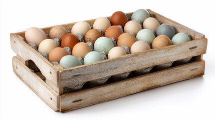 Fresh eggs in a wooden crate ready for sale at a market
