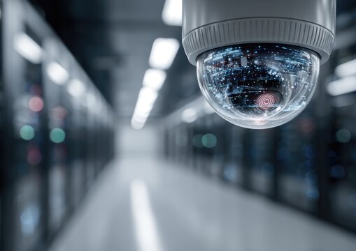 Close-up of surveillance camera, focused, data center in the blurred background