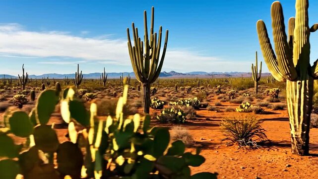 Vibrant desert landscape featuring various cacti under a clear blue sky.
