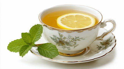 Cup of tea with lemon and mint on a white background