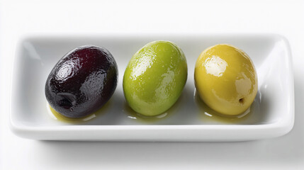 Platter of three different olives served with oil
