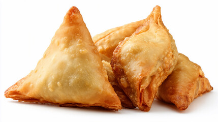 Samosas on a white background ready for serving