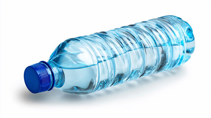 Water bottle on white background with blue cap and clear content
