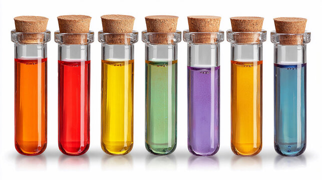 Colorful test tubes filled with liquids on a white background